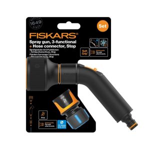 Fiskars Comfort 3 funkciós locsolópisztoly és CF Stop tömlőcsatlakozó 13-15mm