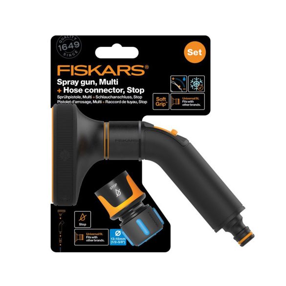 Fiskars Comfort multi locsolópisztoly és CF Stop tömlőcsatlakozó 13-15mm